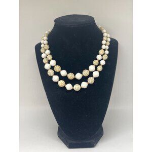 Vintage West Germany Double Strand White & Gold Tone Beaded Necklace